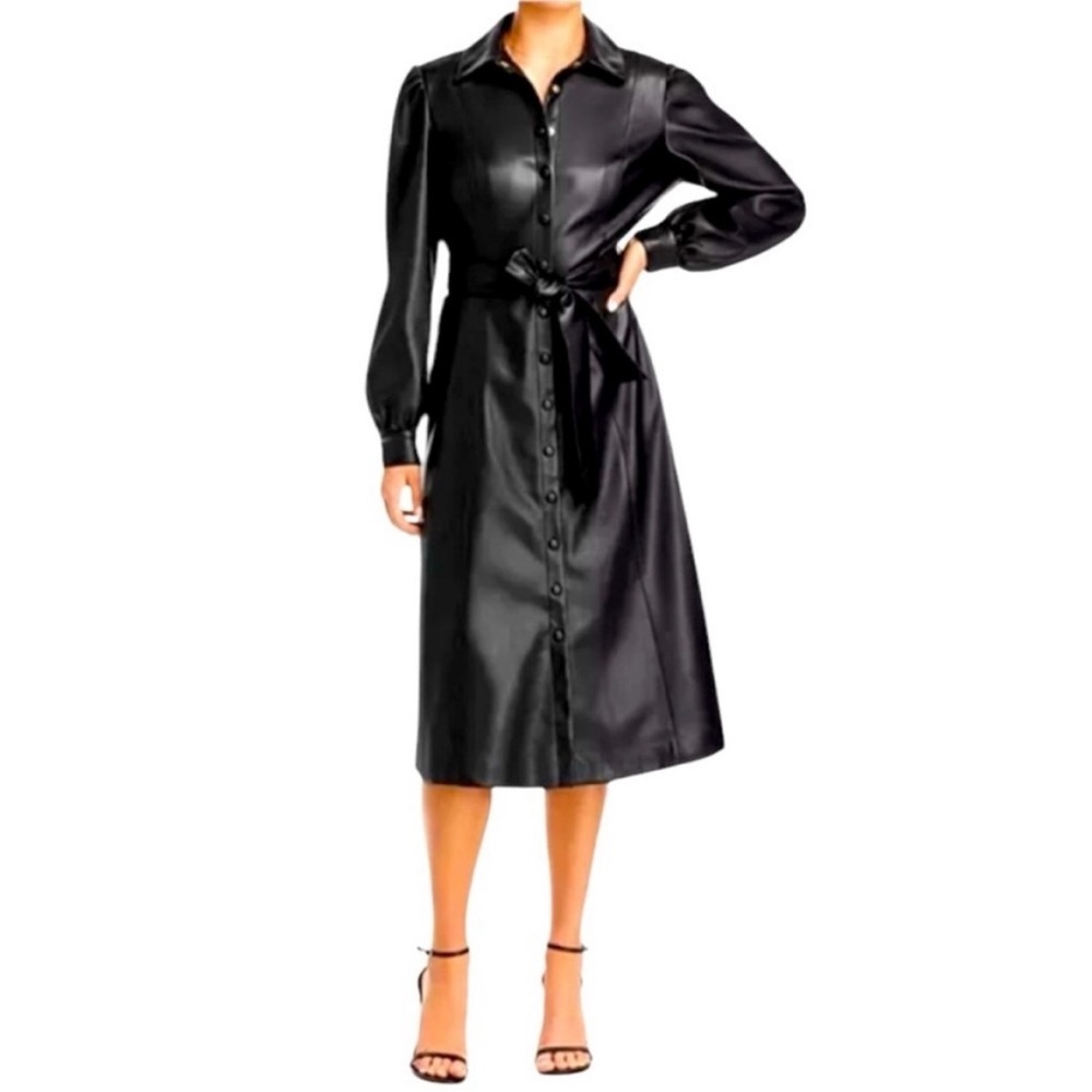NEW Evereve Black Vegan Leather Belted Midi Shirt Dress - M